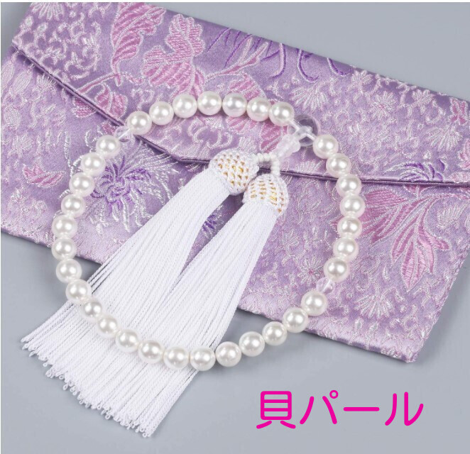 女性用 数珠 貝パール 念珠 数珠袋付 略式数珠_画像1
