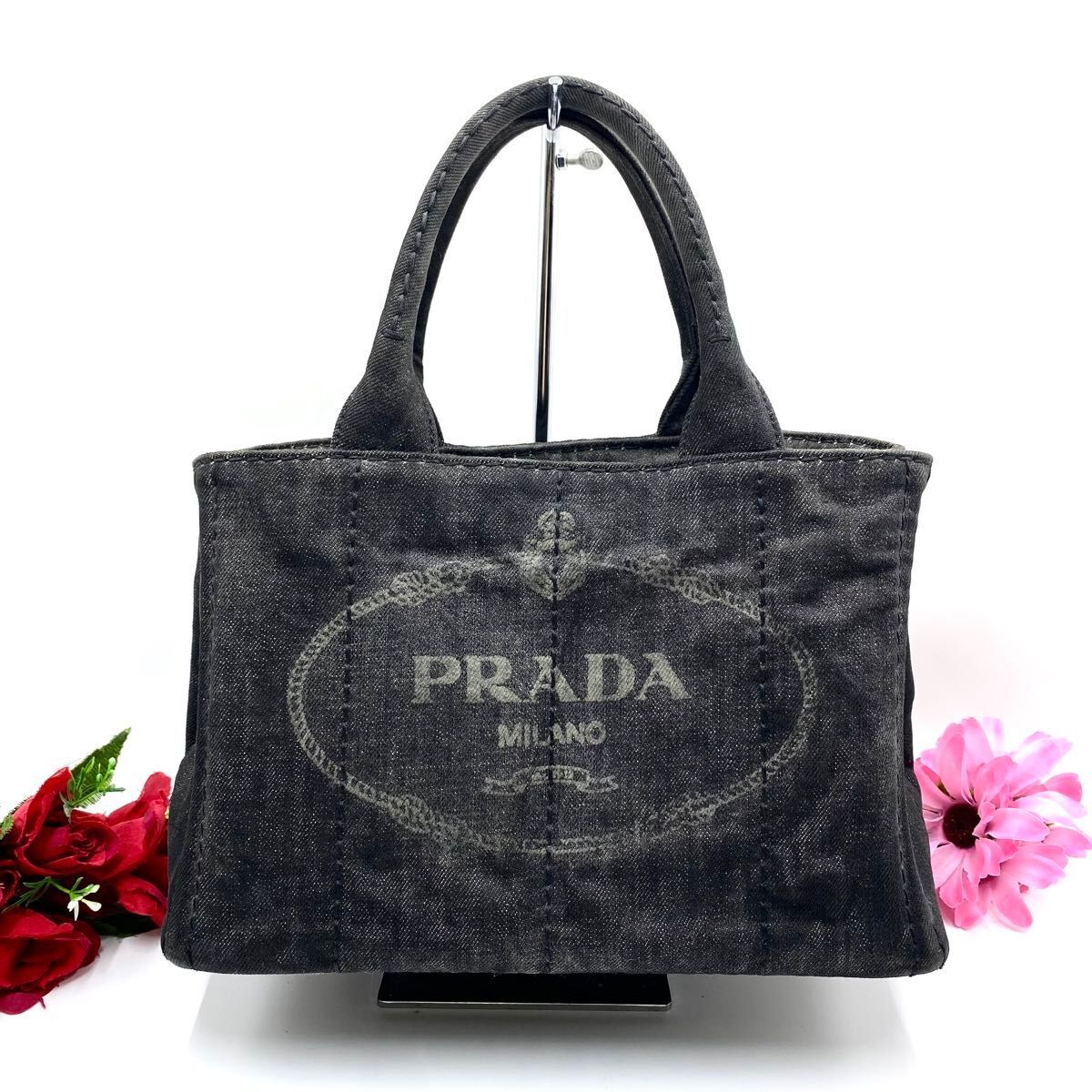 プラダ◎PRADA カナパ S ハンドバッグ デニム ブラック 三角プレート プラダ PRADA カナパ S ハンドバッグ デニム ブラック 三角