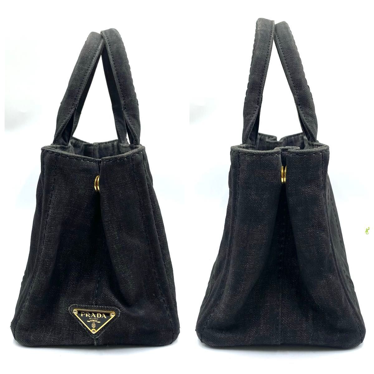 プラダ◎PRADA カナパ S ハンドバッグ デニム ブラック 三角プレート プラダ PRADA カナパ S ハンドバッグ デニム ブラック 三角