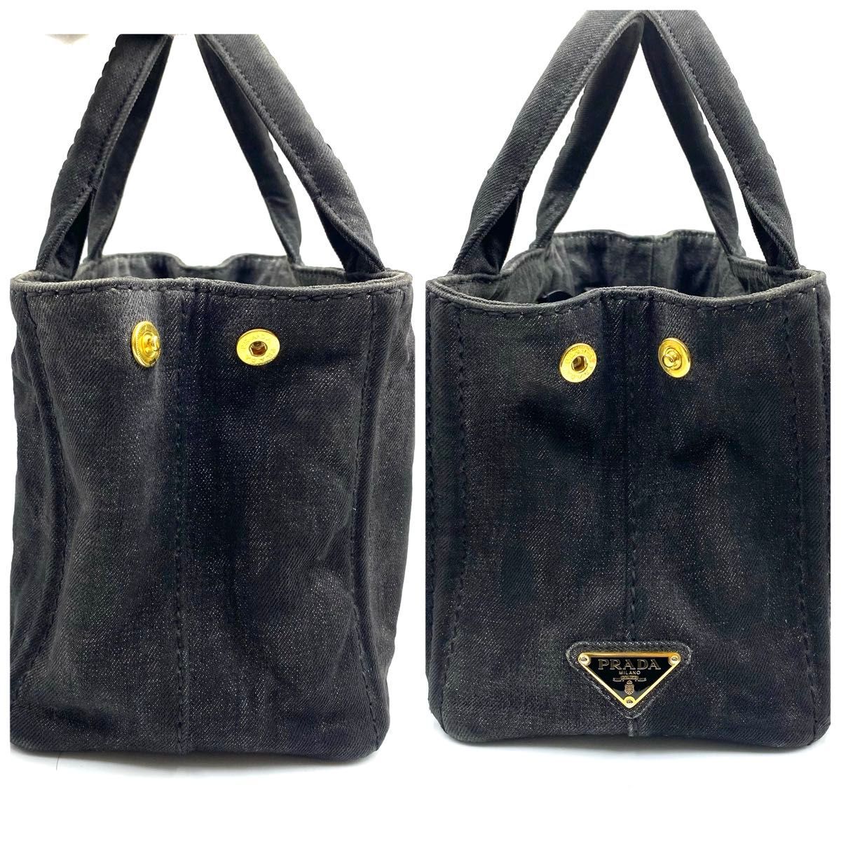 プラダ◎PRADA カナパ S ハンドバッグ デニム ブラック 三角プレート プラダ PRADA カナパ S ハンドバッグ デニム ブラック 三角