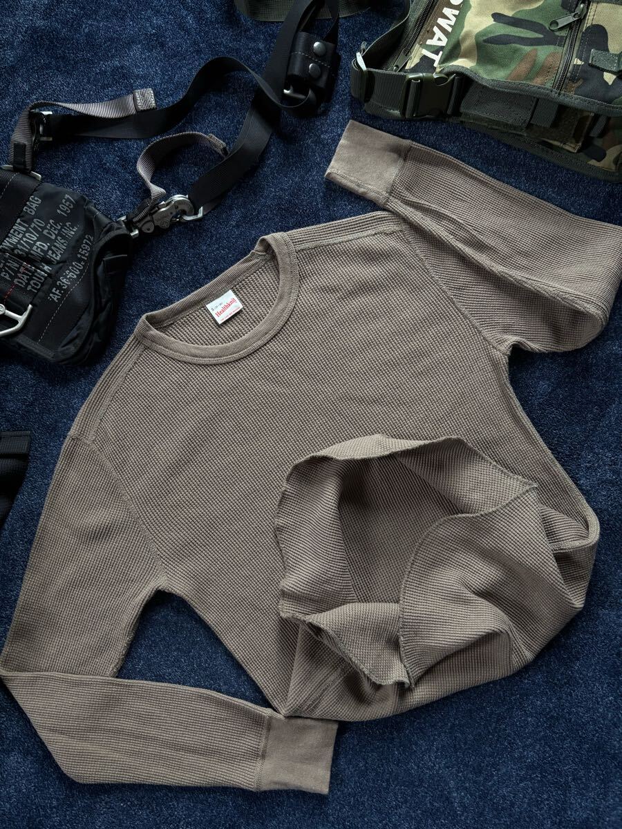 超美品 Healthknit ヘルスニット クルーネック ヘビーウエイト ワッフルサーマル素材 袖リブ仕様 ミリタリー 長袖シャツ sizeS(34-36)_画像6