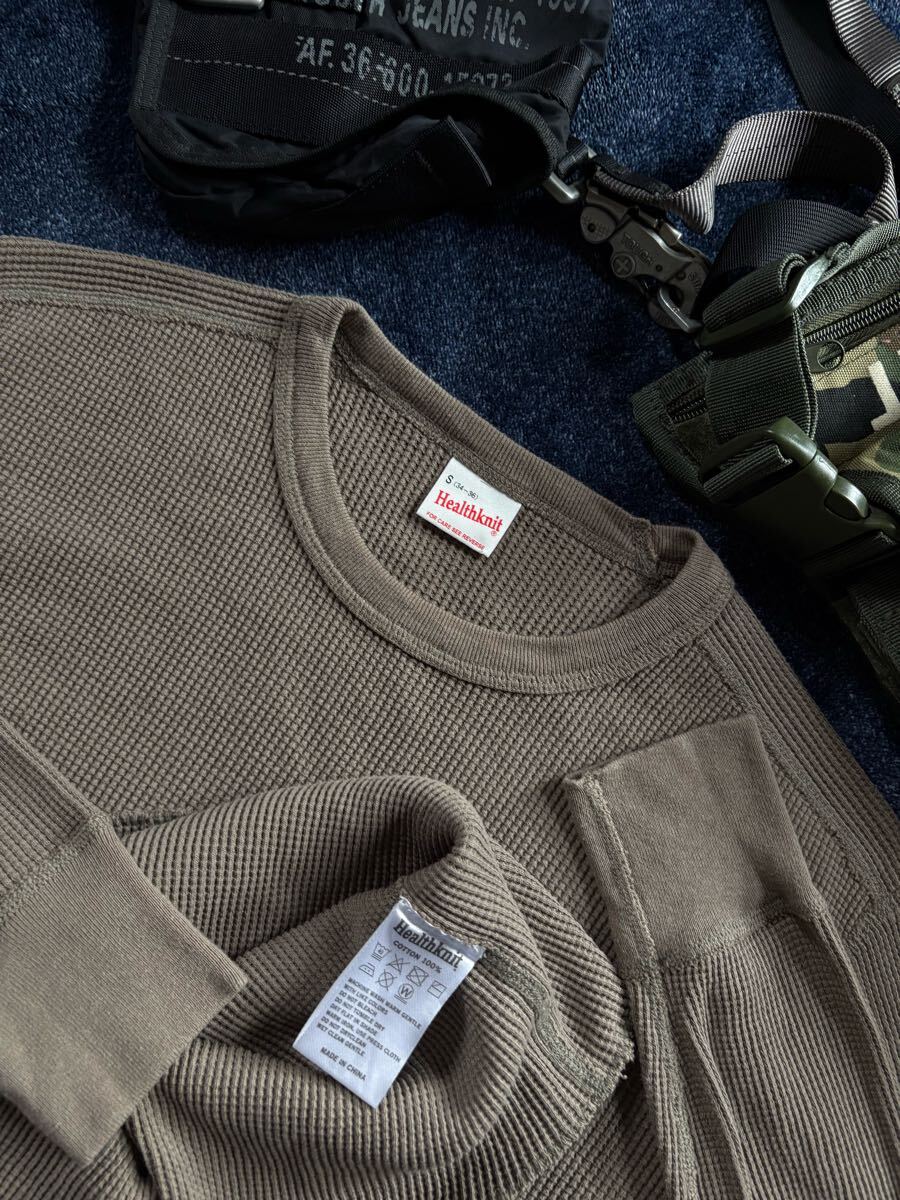 超美品 Healthknit ヘルスニット クルーネック ヘビーウエイト ワッフルサーマル素材 袖リブ仕様 ミリタリー 長袖シャツ sizeS(34-36)_画像7