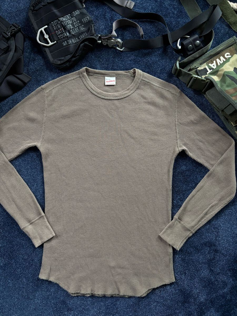 超美品 Healthknit ヘルスニット クルーネック ヘビーウエイト ワッフルサーマル素材 袖リブ仕様 ミリタリー 長袖シャツ sizeS(34-36)_画像9