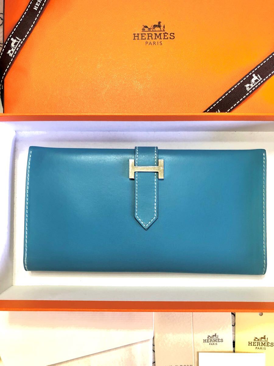 HERMES エルメス 長財布 べアン レザー ブルー ロングウォレット 新品級 HERMES エルメス べアンクラッシック ボックスカーフ