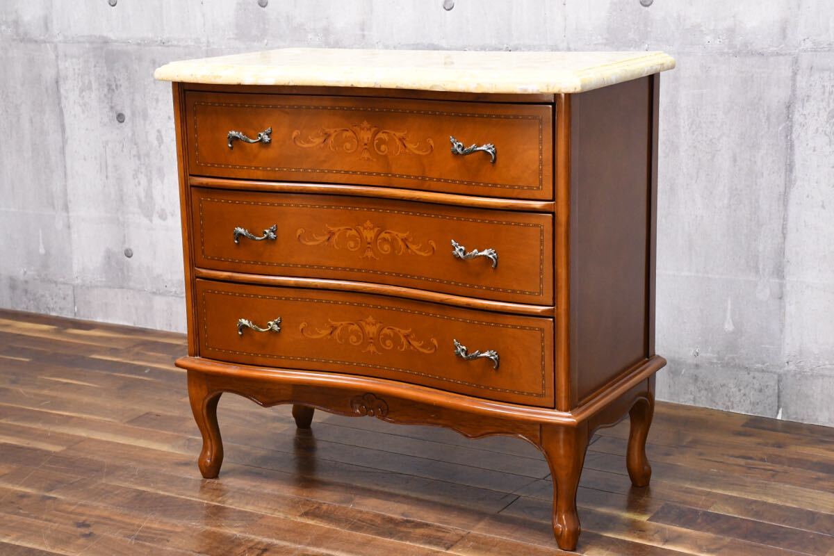 EFK85 イタリア製 象嵌細工 猫脚 3段チェスト 大理石トップ 木