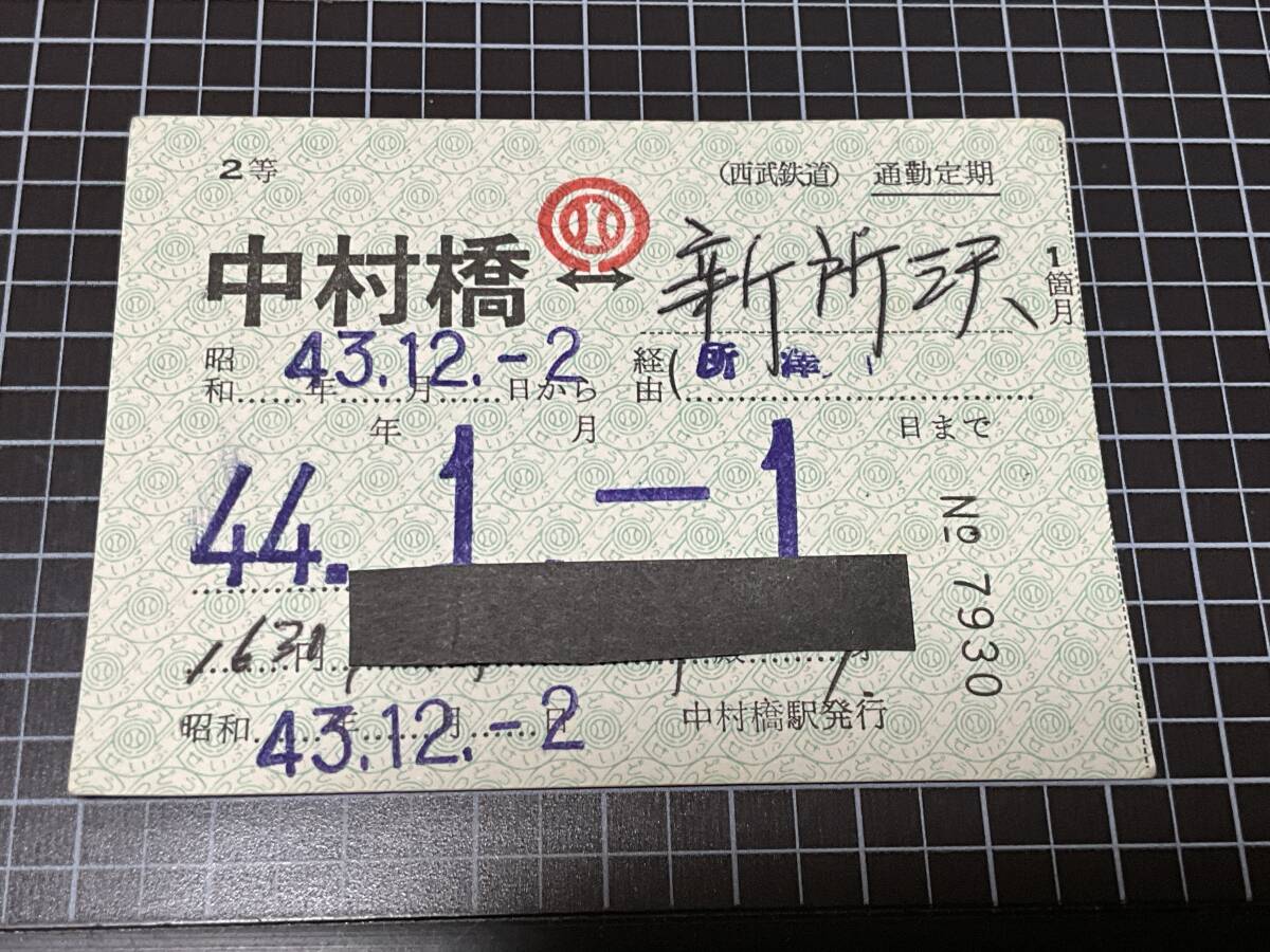 西武鉄道切符 古い切符☆(西武鉄道)通勤定期 2等1箇月 中村橋←→新所沢 1630