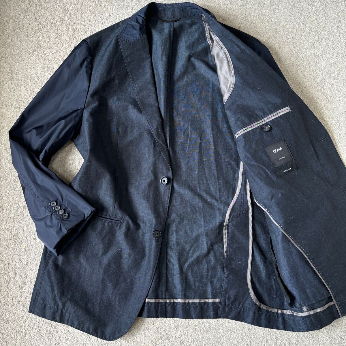 hugo boss シルクリネン混 袖ナイロンネイビージャケット 54 XXXLサイズ/極美品◎ HUGO BOSS 【麻 シルク リネン混】ヒューゴ