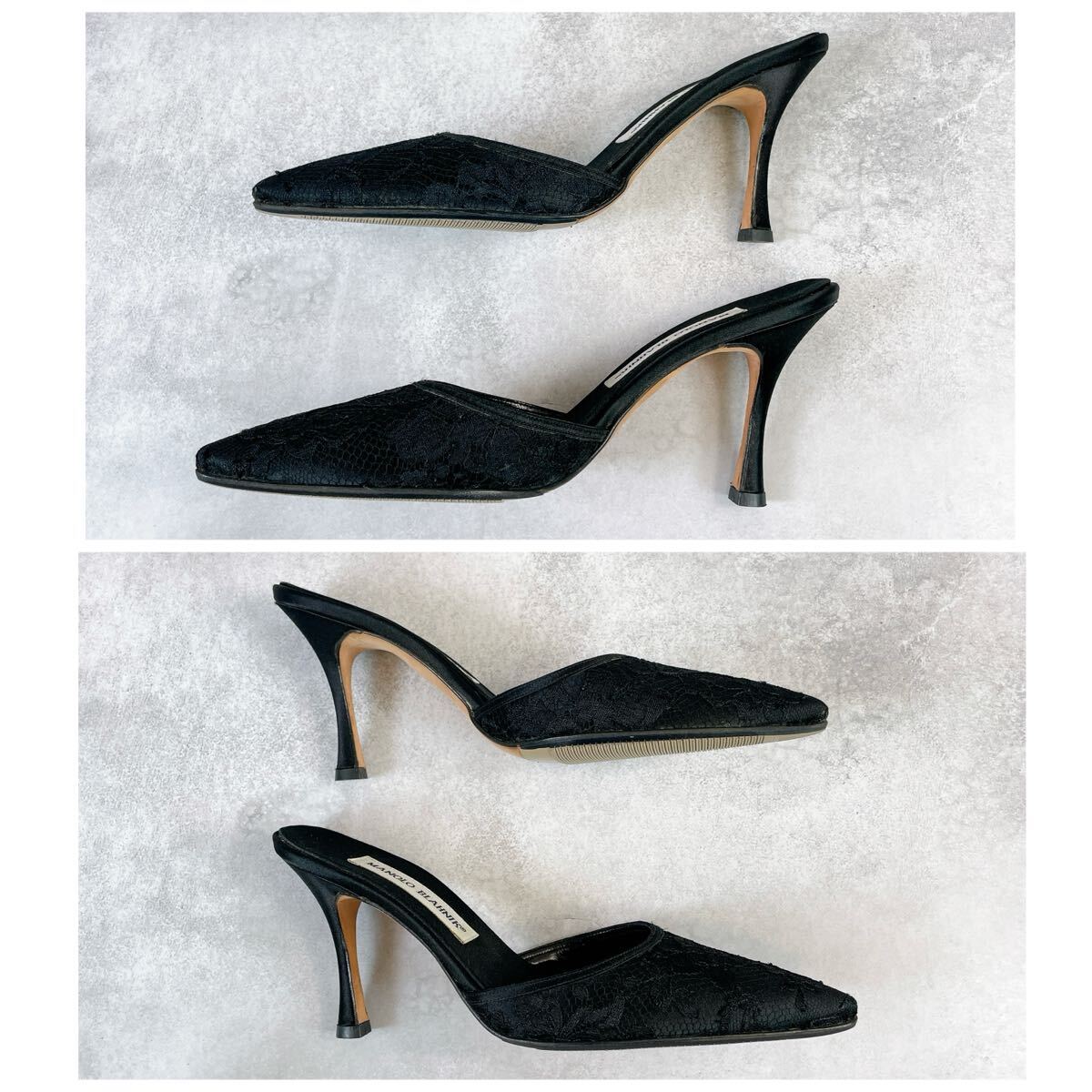 【ManoloBlahnik】サテン レース ミュール 大人上品 MANOLO BLAHNIK マノロブラニク ミュール サンダル レース