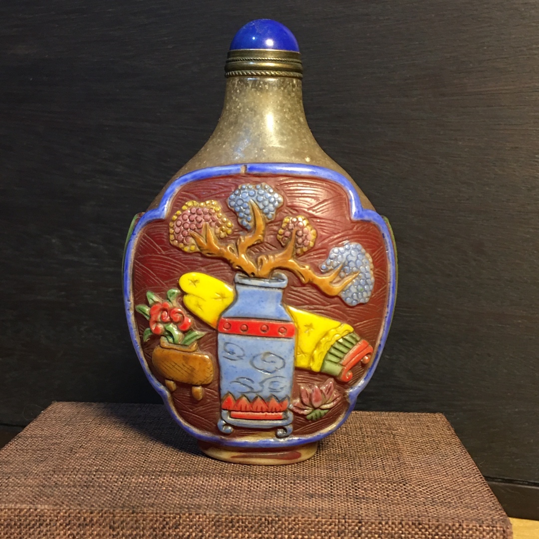 清時代 瑠璃 彫刻 彩色 鼻タバコ壷 中国古美術 骨董品 旧家収蔵 717