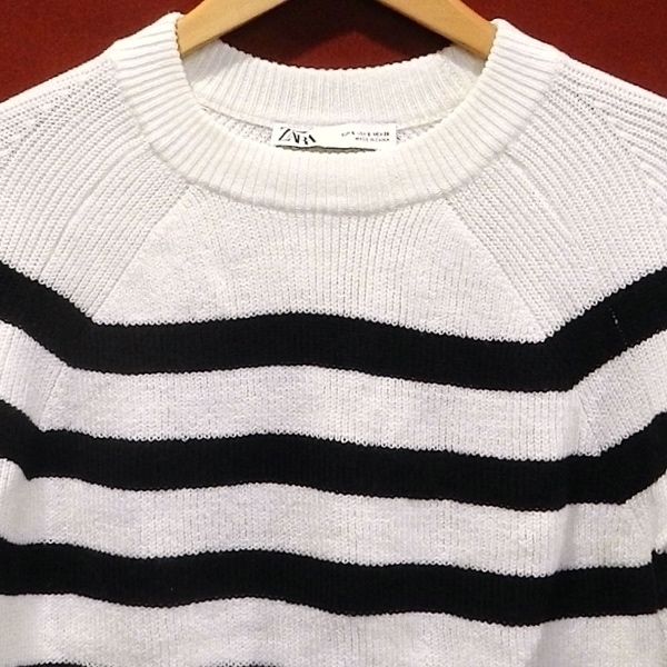 ZARA ザラ ボーダー ラグラン コットン ニット セーター デザインニット 白 黒 M / 28 美品