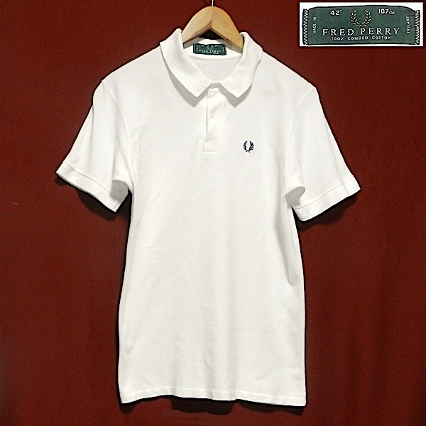 FRED PERRY Fred Perry 80's Англия производства Британия производства Old Vintage старый бирка короткий рукав Logo рубашка-поло белый / темно-синий 42 / M