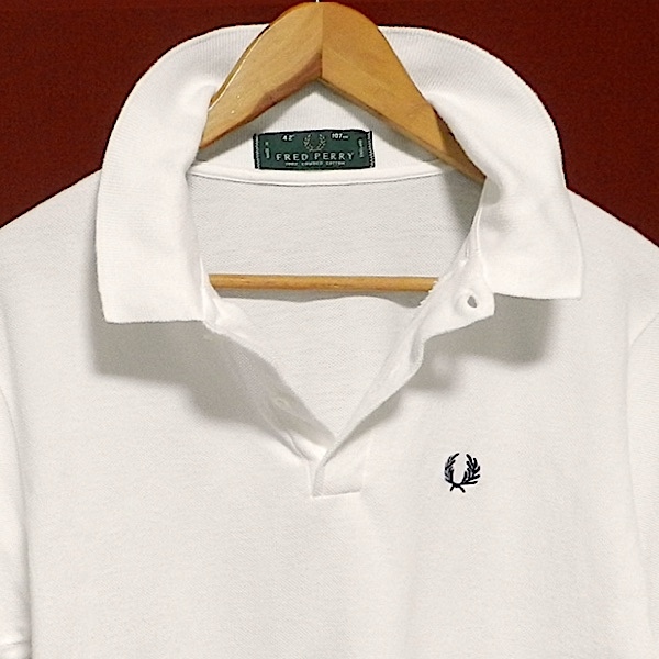 FRED PERRY Fred Perry 80's Англия производства Британия производства Old Vintage старый бирка короткий рукав Logo рубашка-поло белый / темно-синий 42 / M