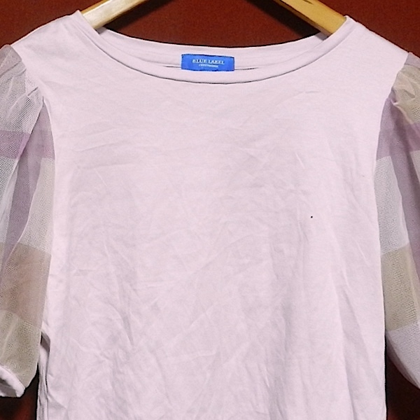 ブルーレーベル クレストブリッジ セットアップ 上下 カットソー 半袖 Tシャツ レース スカート フリーウエスト 薄紫 / チェック柄 38 美品_画像3