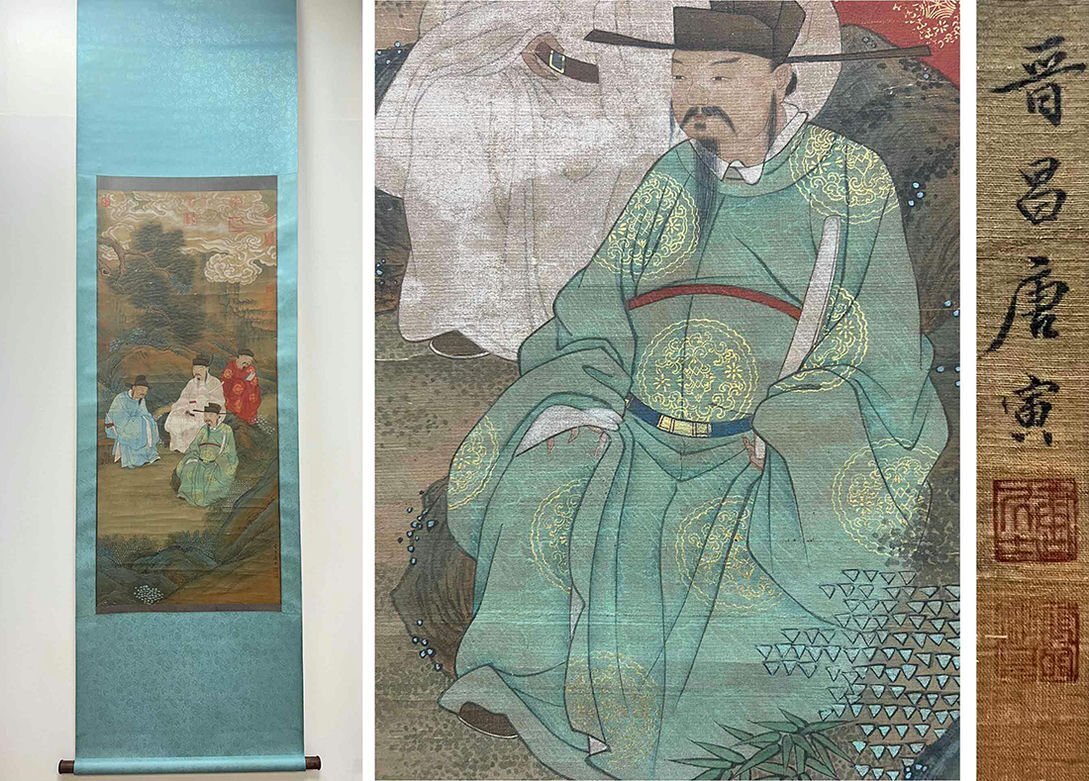 【骨董掛け軸】人物図 中国 五代 肉筆保證 掛け軸 BD331A12-1 ▽渡鶴羽▽A5506中国古書道 唐寅 人物故事図 掛け軸 書画立軸