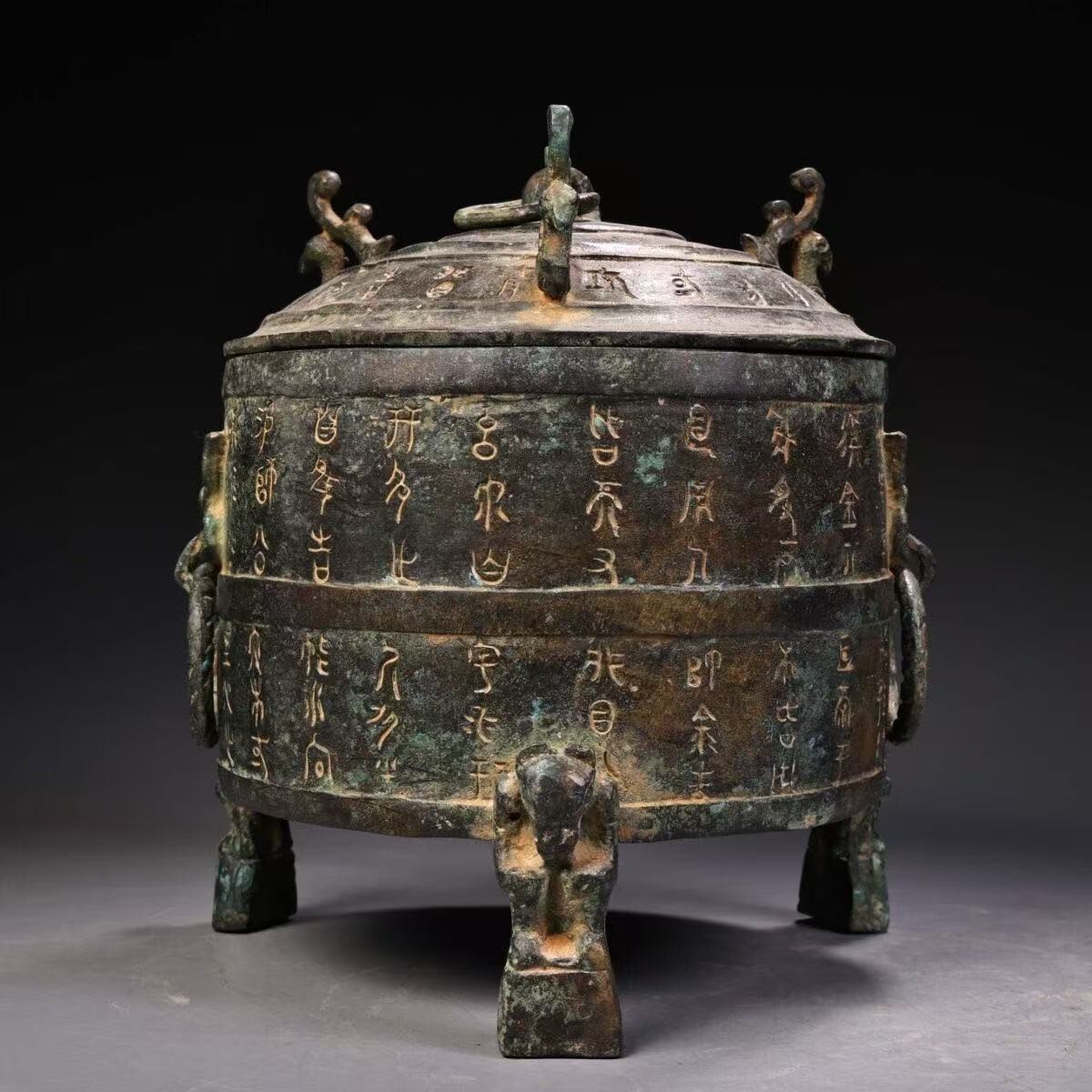 旧蔵時代物文房具 文鎮万年の歳月が育んだ 魂の結晶高古玉 天然玉石 レア本物保証 y314.◇ 旧家蔵出 時代物 青銅器 銘文 円倉 置物 高さ21センチ幅