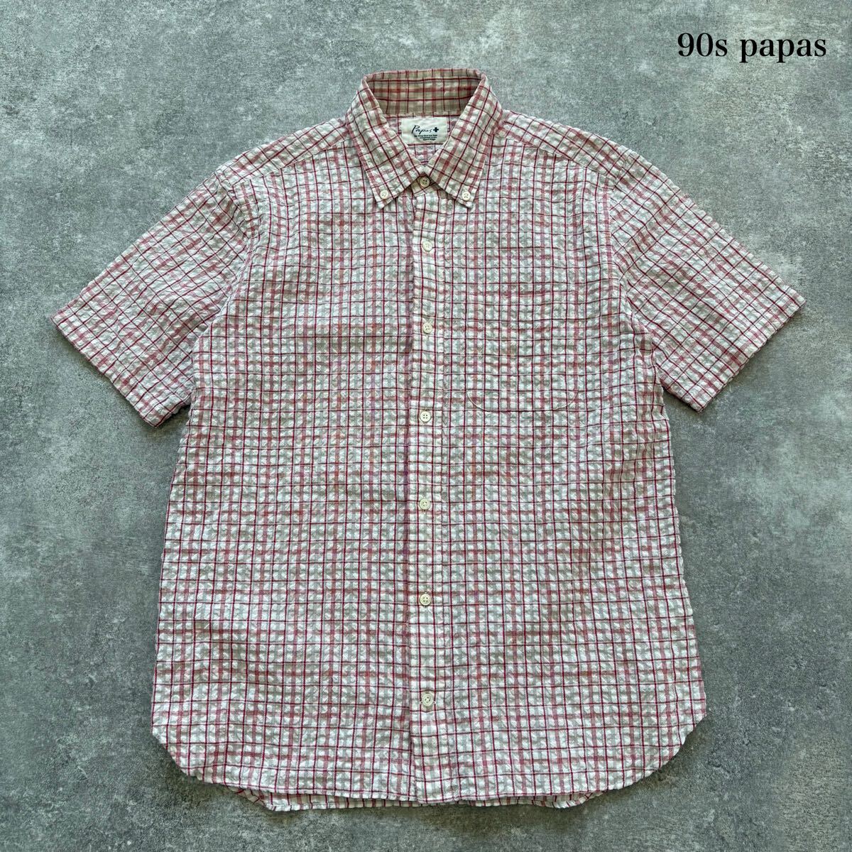 未使用 パパス シアサッカー 半袖 ボタンダウン L papas+】パパスプラス シアサッカー 半袖シャツ ボタンダウン