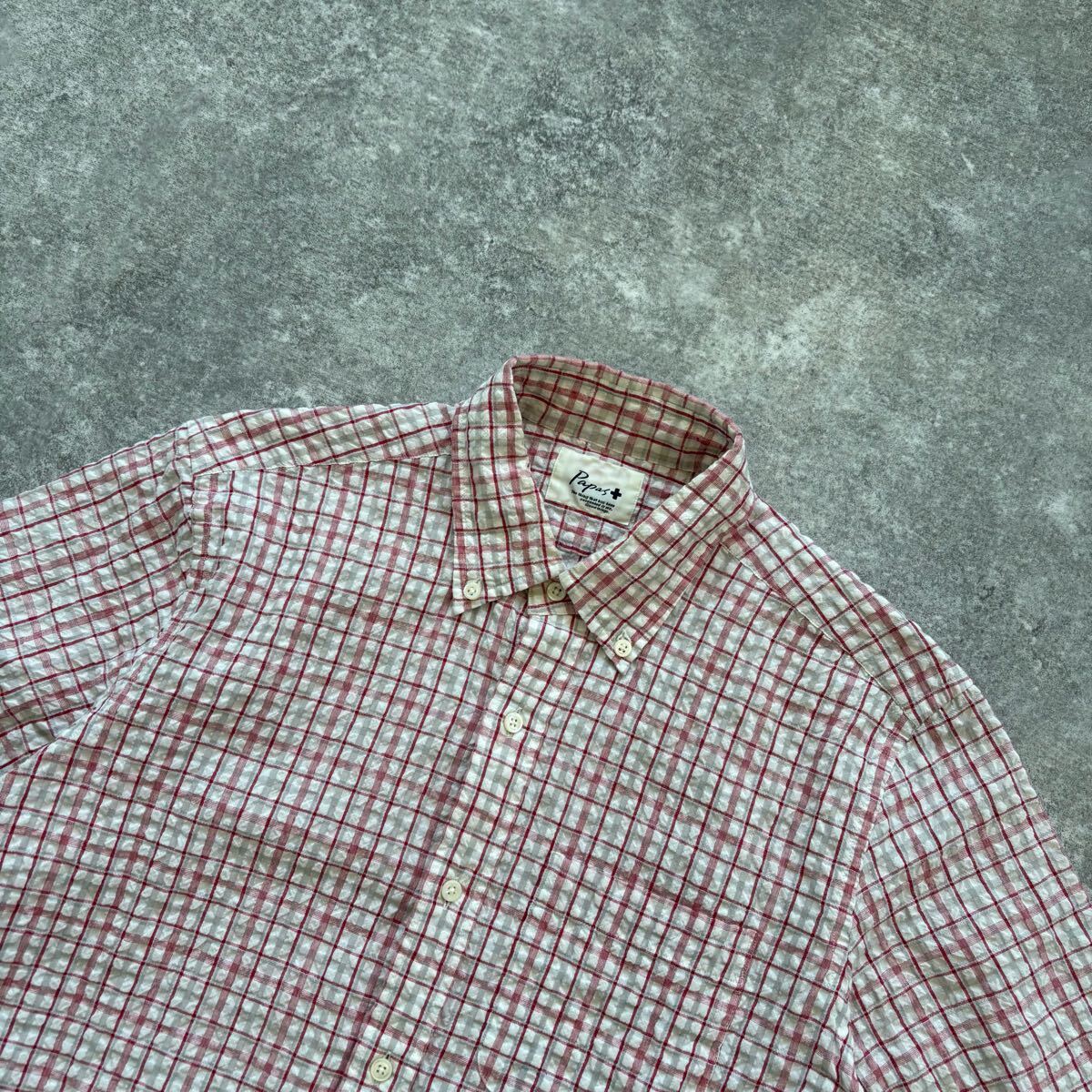 未使用　パパス　シアサッカー　半袖　ボタンダウン　L papas+】パパスプラス シアサッカー 半袖シャツ ボタンダウン