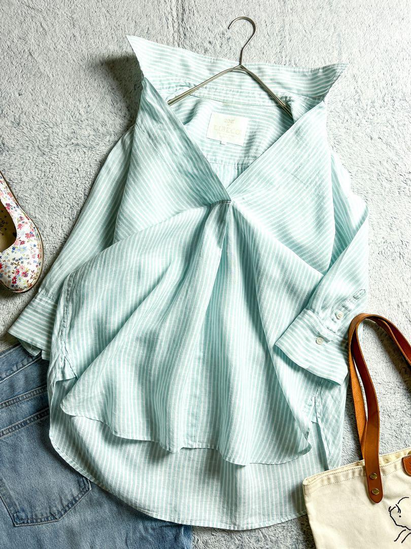 【23区】LIBECOストライプ柄スキッパーリネンシャツ 七分丈 ミントグリーン_画像10