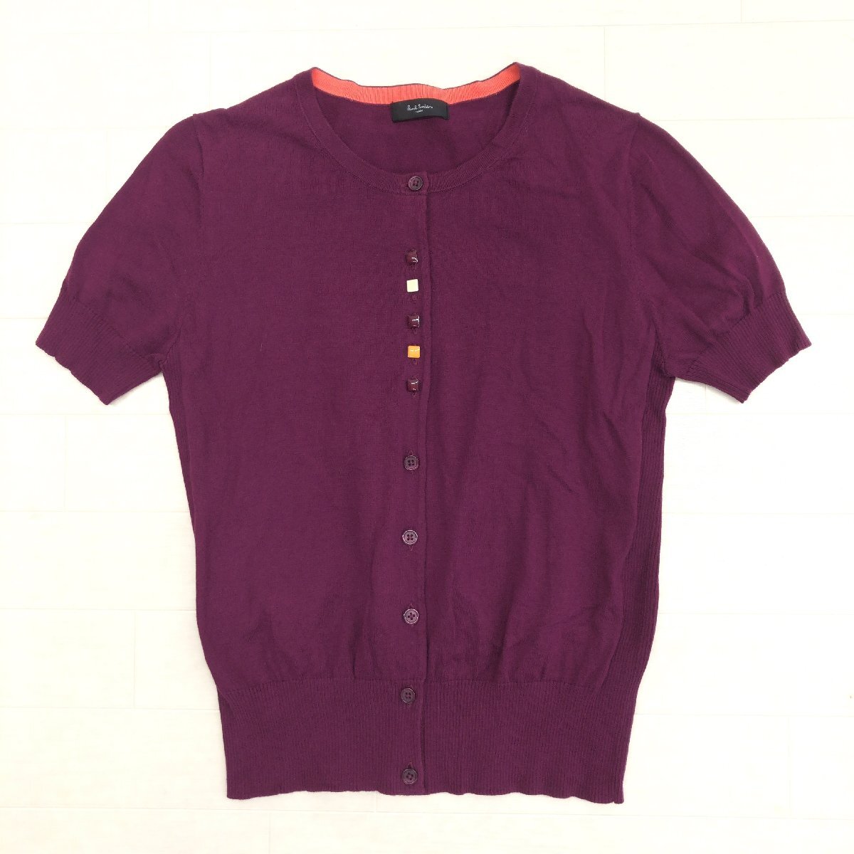 Paul Smith BLACK ポールスミス コットン100% サマーニット カーディガン M パープル 羽織り パフスリーブ 半袖 春夏 レディース 女性用