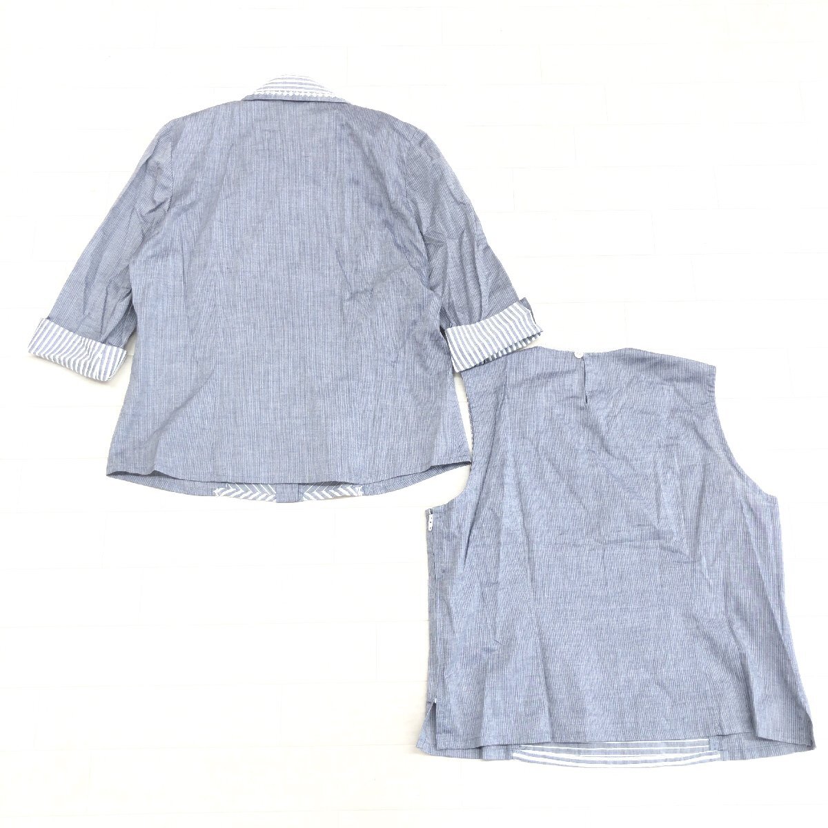 美品 NOVE-DUE ノーヴェドゥ コットン100% レース ドッキング アンサンブル シャツ F ノースリーブ 七分袖 ブラウス 羽織り 婦人 一宮繊維_画像2