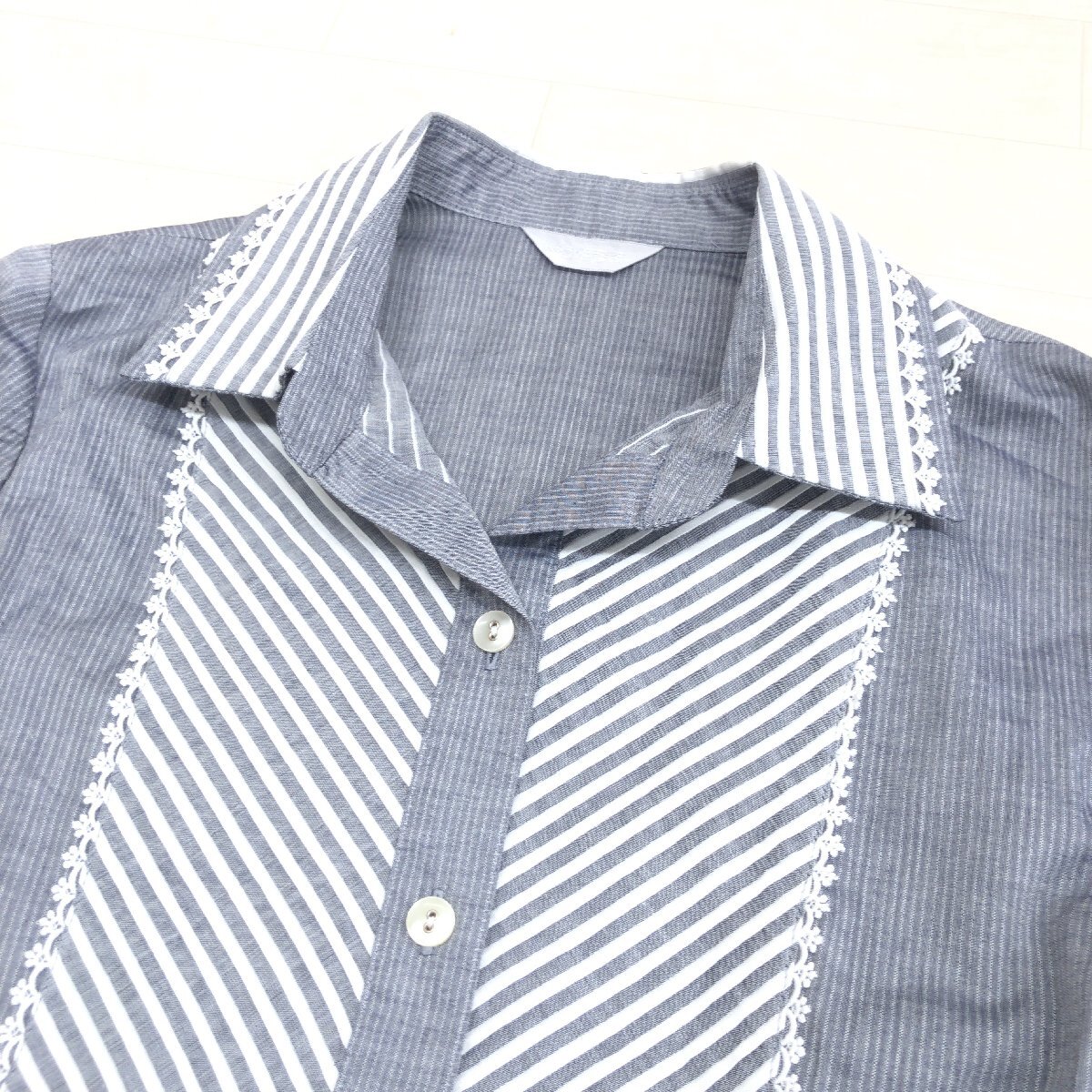 美品 NOVE-DUE ノーヴェドゥ コットン100% レース ドッキング アンサンブル シャツ F ノースリーブ 七分袖 ブラウス 羽織り 婦人 一宮繊維_画像5