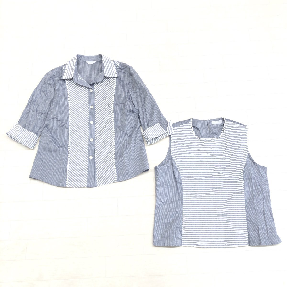 美品 NOVE-DUE ノーヴェドゥ コットン100% レース ドッキング アンサンブル シャツ F ノースリーブ 七分袖 ブラウス 羽織り 婦人 一宮繊維_画像1