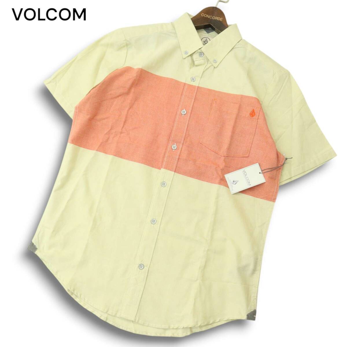 【新品 未使用】 VOLCOM ボルコム ロゴ刺繍★ CLASSIC FIT バイカラー 切替 半袖 ボタンダウン シャツ Sz.S メンズ スケボー_画像1