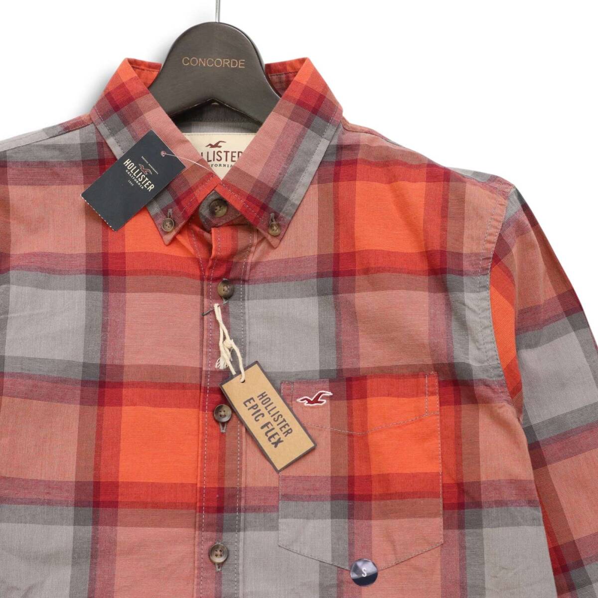 【新品 未使用】 HOLLISTER ホリスター 通年 ロゴ刺繍★ ストレッチ 長袖 チェック ボタンダウン シャツ Sz.S メンズ_画像2
