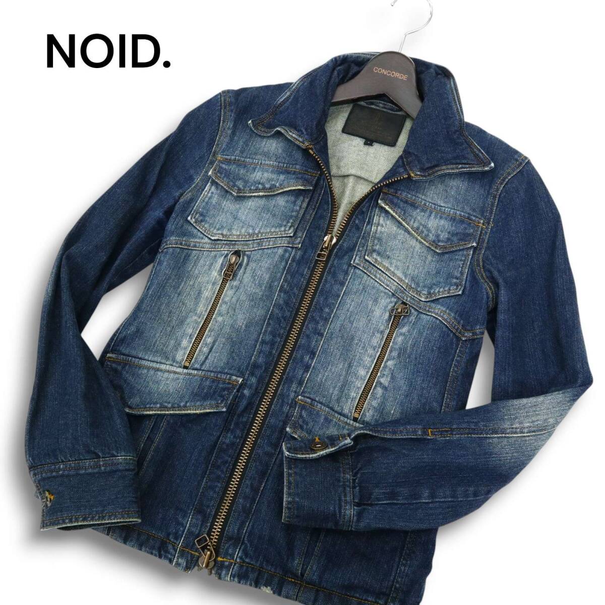 NOID. ノーアイディー 通年 USED加工★ 襟ワイヤー ストレッチ デニム ブルゾン ジャケット Sz.1 メンズ_画像1