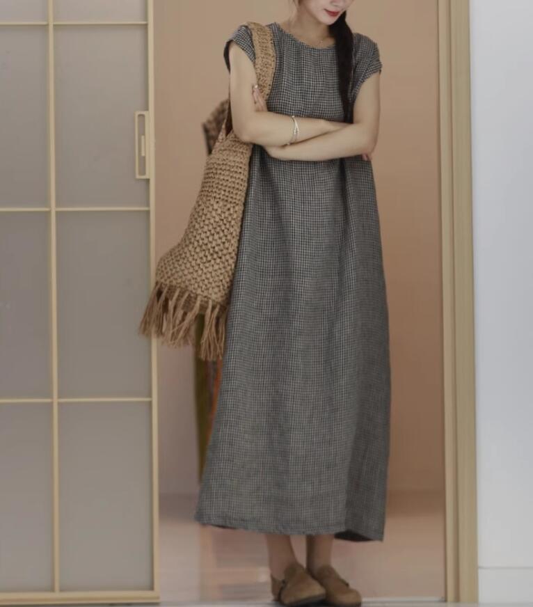 同梱1万円送料無料■夏 大きいサイズ ロングワンピース レディース カジュアル ゆったり きれいめ チェック柄 体型カバー 半袖 ■小_画像6