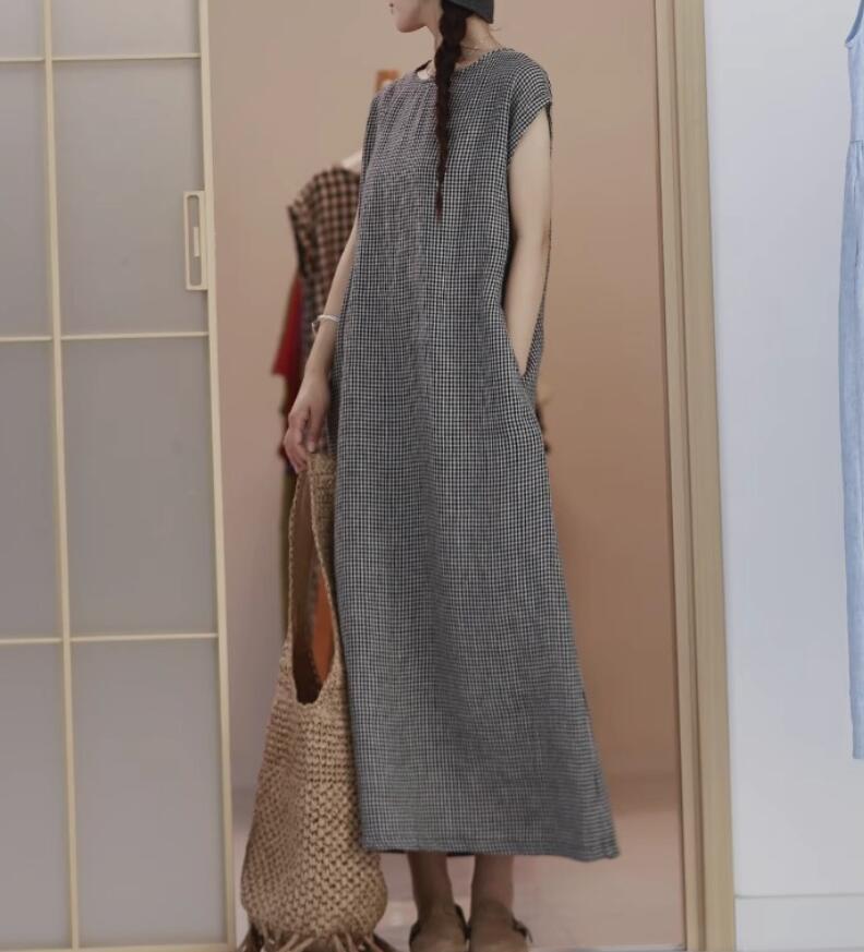 同梱1万円送料無料■夏 大きいサイズ ロングワンピース レディース カジュアル ゆったり きれいめ チェック柄 体型カバー 半袖 ■小_画像7