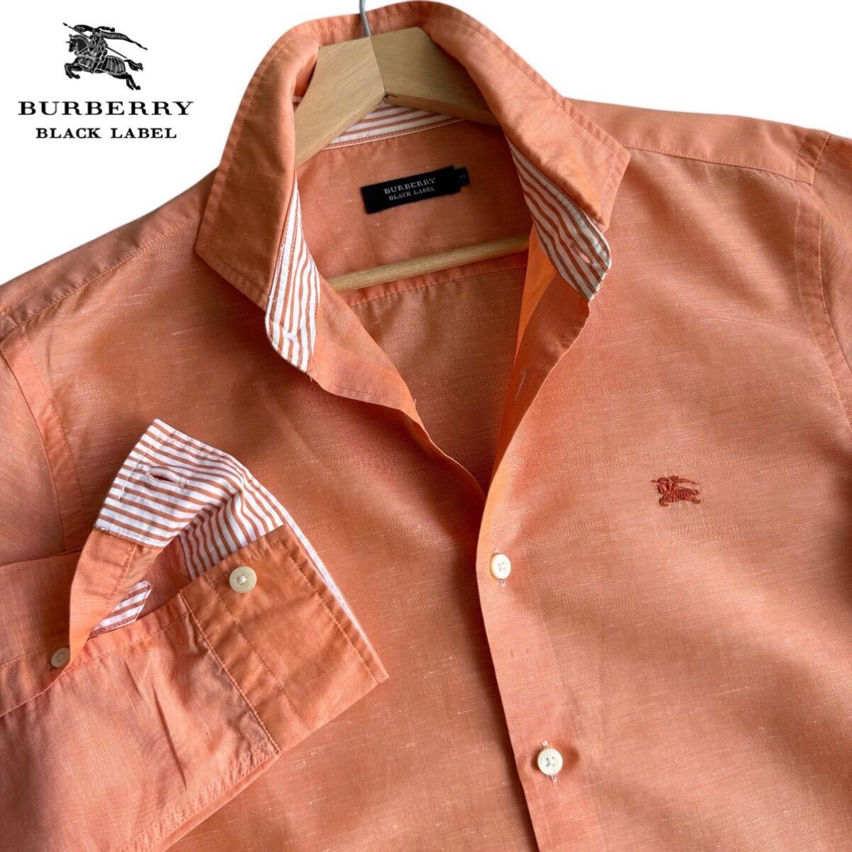未使用級/Lサイズ●バーバリーブラックレーベル リネンシャツ 麻 ホース刺繍 長袖 サマーシャツ ロールアップ 2way ボーダー 3 オレンジ 夏