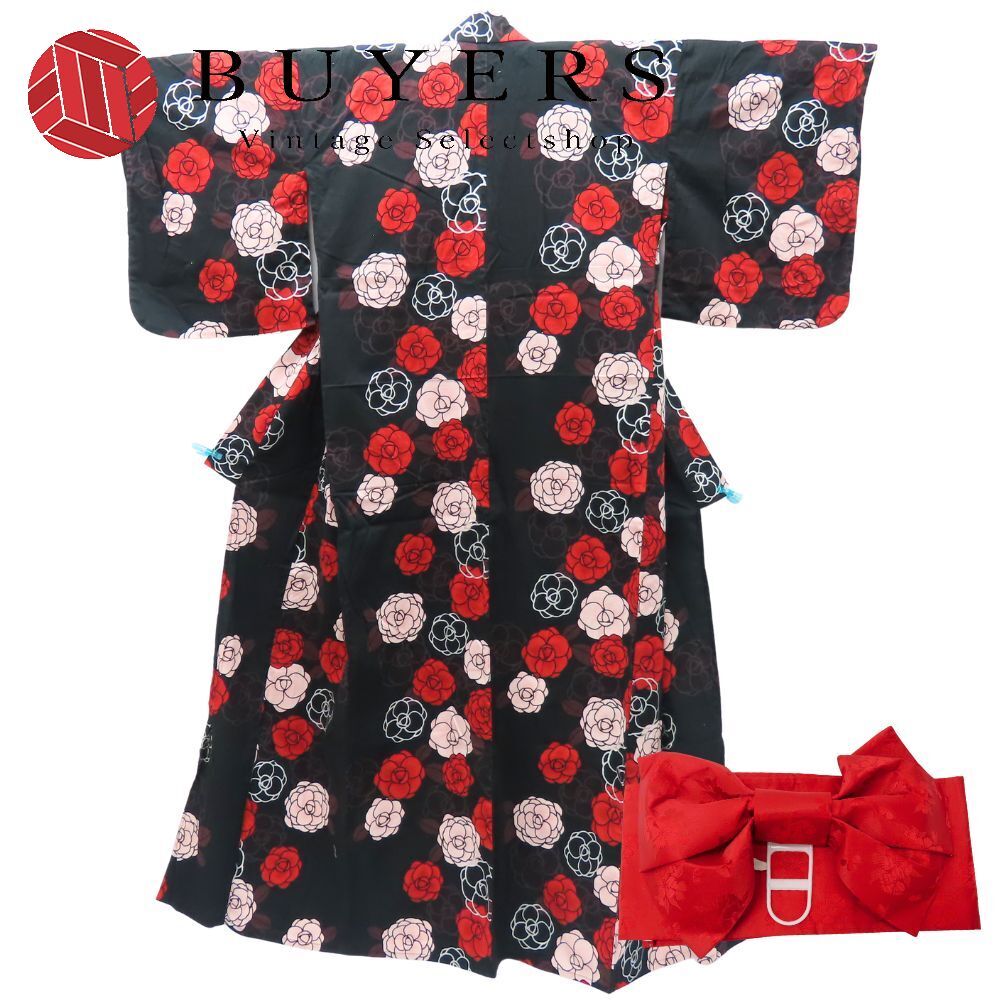中古 浴衣 2点セット 作り帯 M ポリエステル 綿 黒 赤 ピンク 白 カメリア リボン 可愛い 和装 呉服 和服 きもの レディース 女性_画像1