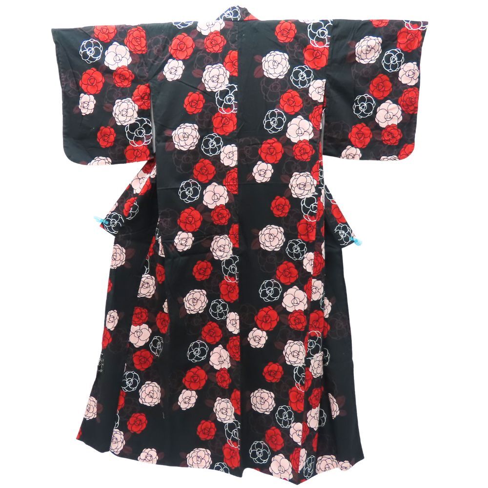 中古 浴衣 2点セット 作り帯 M ポリエステル 綿 黒 赤 ピンク 白 カメリア リボン 可愛い 和装 呉服 和服 きもの レディース 女性_画像2