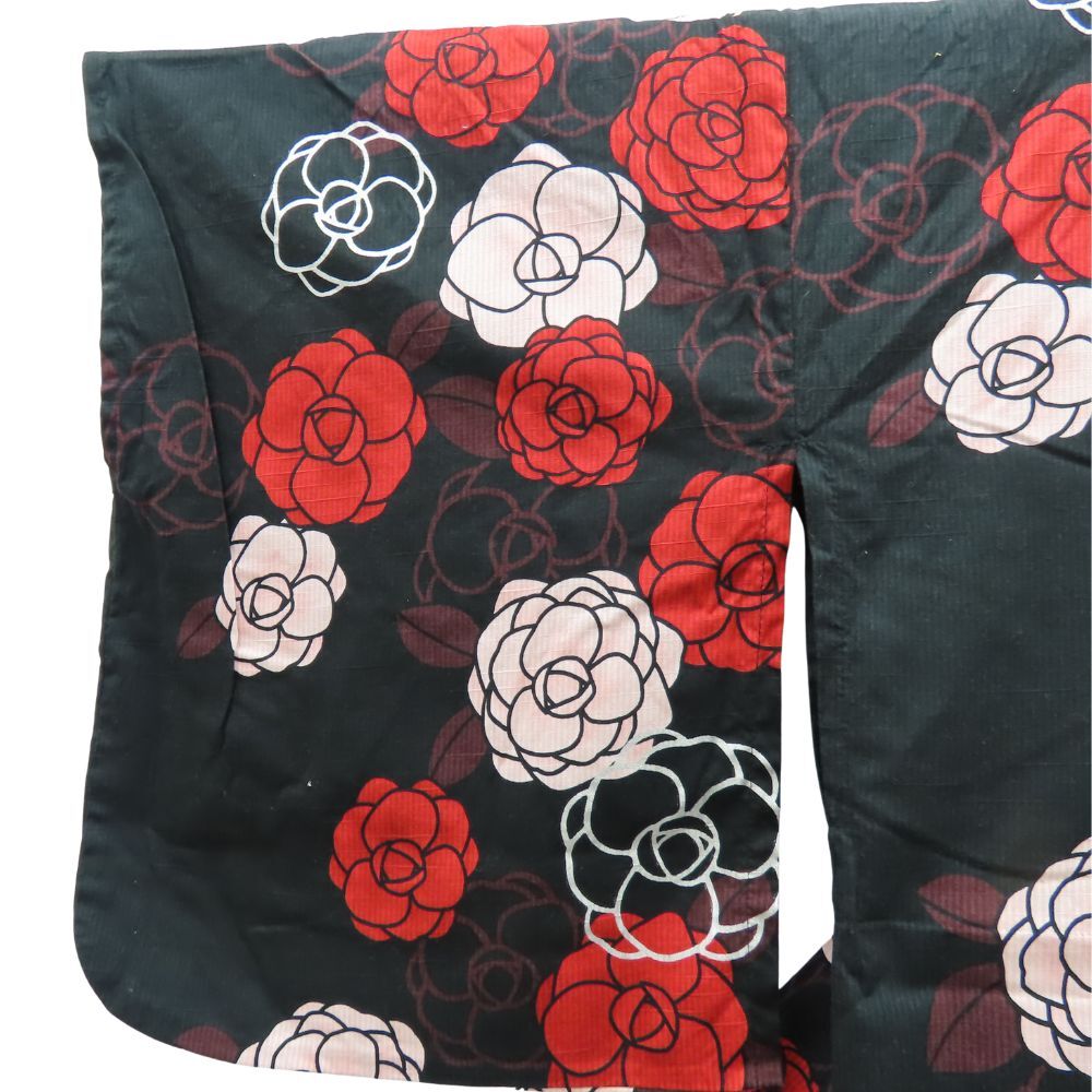 中古 浴衣 2点セット 作り帯 M ポリエステル 綿 黒 赤 ピンク 白 カメリア リボン 可愛い 和装 呉服 和服 きもの レディース 女性_画像4