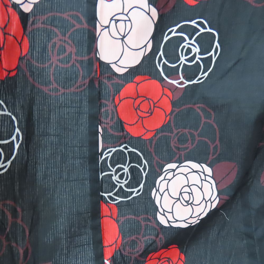 中古 浴衣 2点セット 作り帯 M ポリエステル 綿 黒 赤 ピンク 白 カメリア リボン 可愛い 和装 呉服 和服 きもの レディース 女性_画像6