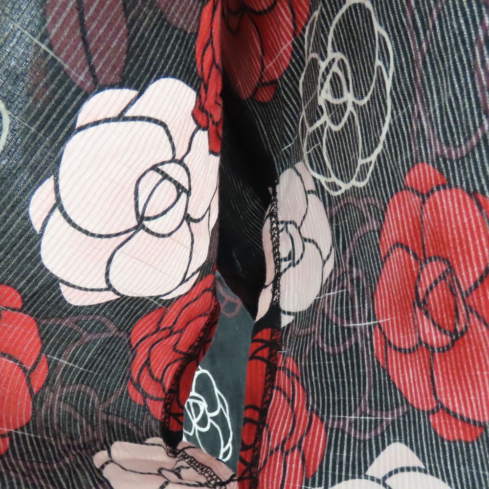 中古 浴衣 2点セット 作り帯 M ポリエステル 綿 黒 赤 ピンク 白 カメリア リボン 可愛い 和装 呉服 和服 きもの レディース 女性_画像8