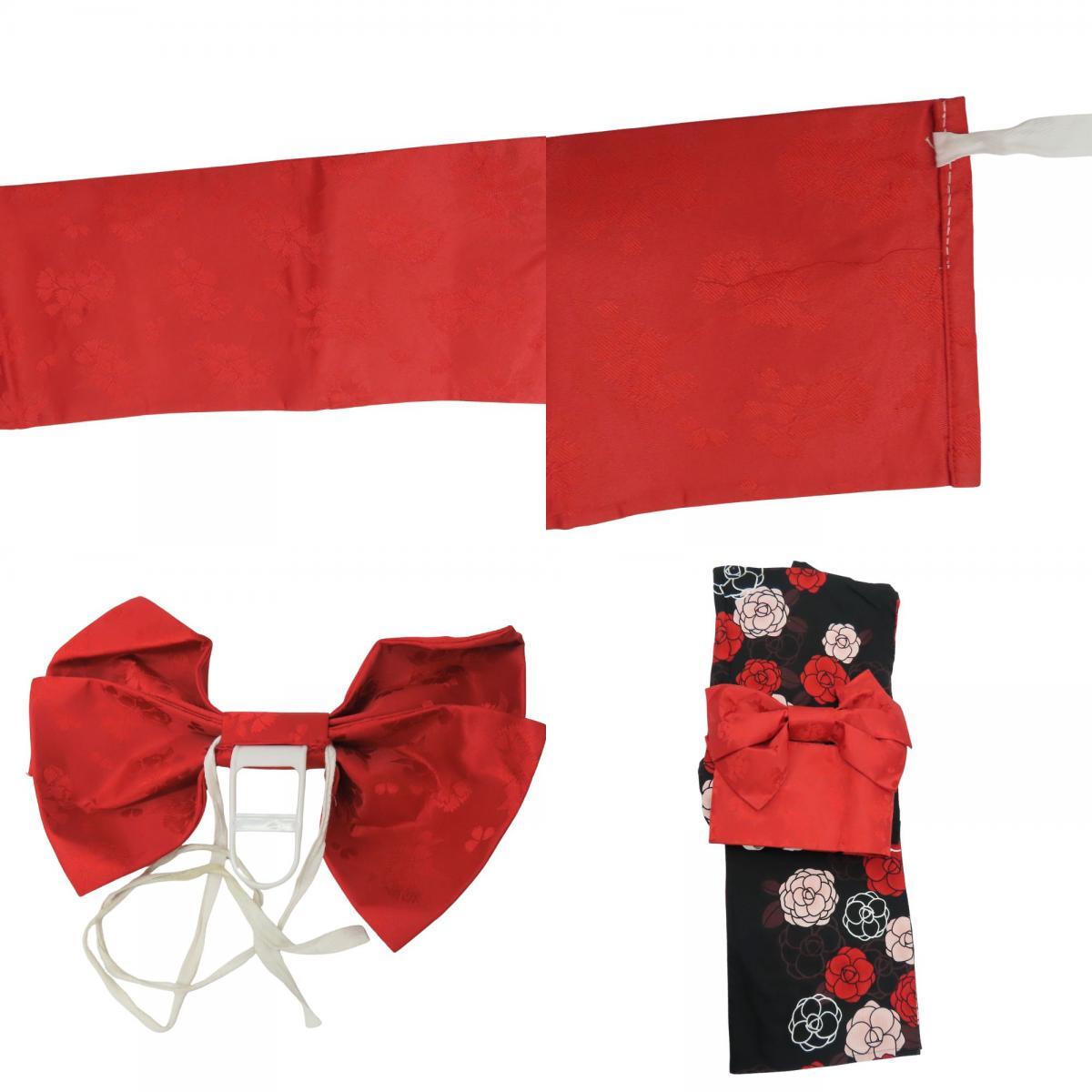 中古 浴衣 2点セット 作り帯 M ポリエステル 綿 黒 赤 ピンク 白 カメリア リボン 可愛い 和装 呉服 和服 きもの レディース 女性_画像10