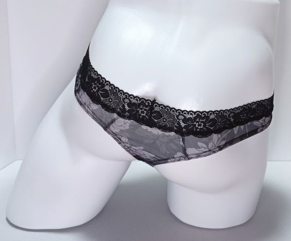 メンズ ウエストレース ローライズ フルシーム Tバック ビキニ メッシュ ブラック系花柄 黒 日本M~Lサイズ_画像3