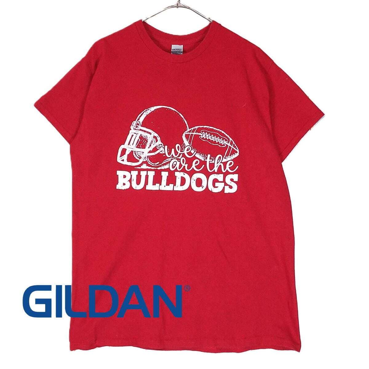 【US古着 肩幅45cm】GILDAN ギルダンBULLDOGS チーム アメフト ひび割れプリント 半袖Tシャツ Mサイズ レッド コットンポリ T90 アメカジ_画像1