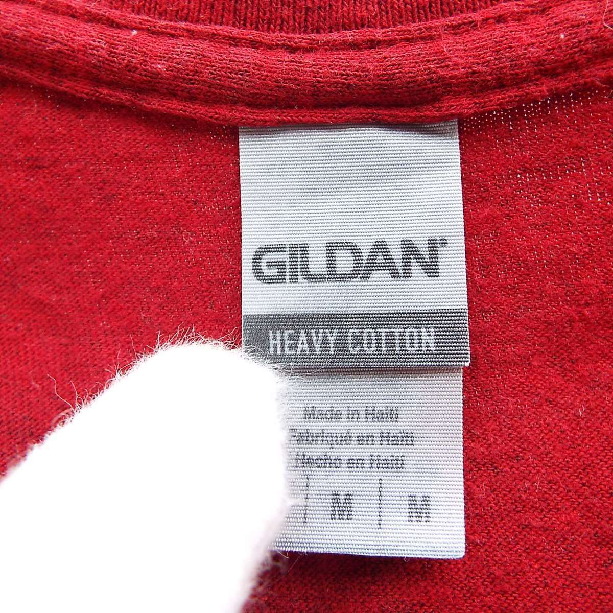 【US古着 肩幅45cm】GILDAN ギルダンBULLDOGS チーム アメフト ひび割れプリント 半袖Tシャツ Mサイズ レッド コットンポリ T90 アメカジ_画像6