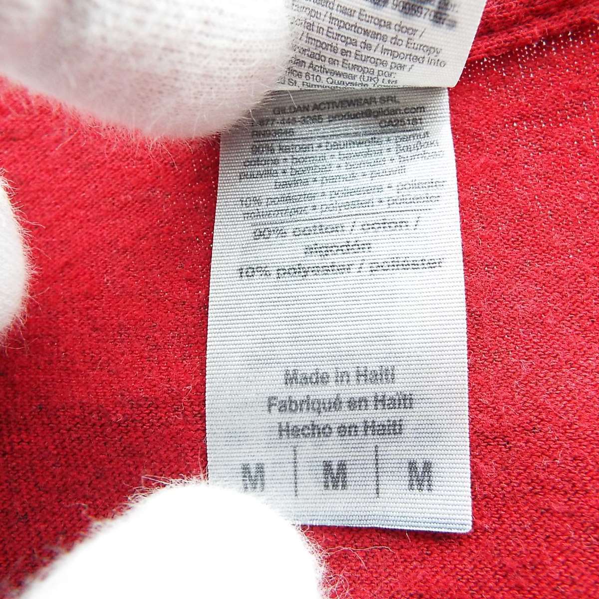 【US古着 肩幅45cm】GILDAN ギルダンBULLDOGS チーム アメフト ひび割れプリント 半袖Tシャツ Mサイズ レッド コットンポリ T90 アメカジ_画像7