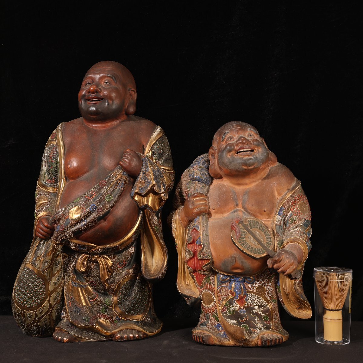 古九谷 布袋様 在銘 作家物 江戸骨董 陶芸品 コレクター放出美品置物 古美術 珍品堂】1円から S91-V09 九谷焼 布袋様 色絵 金彩 仏像 2台