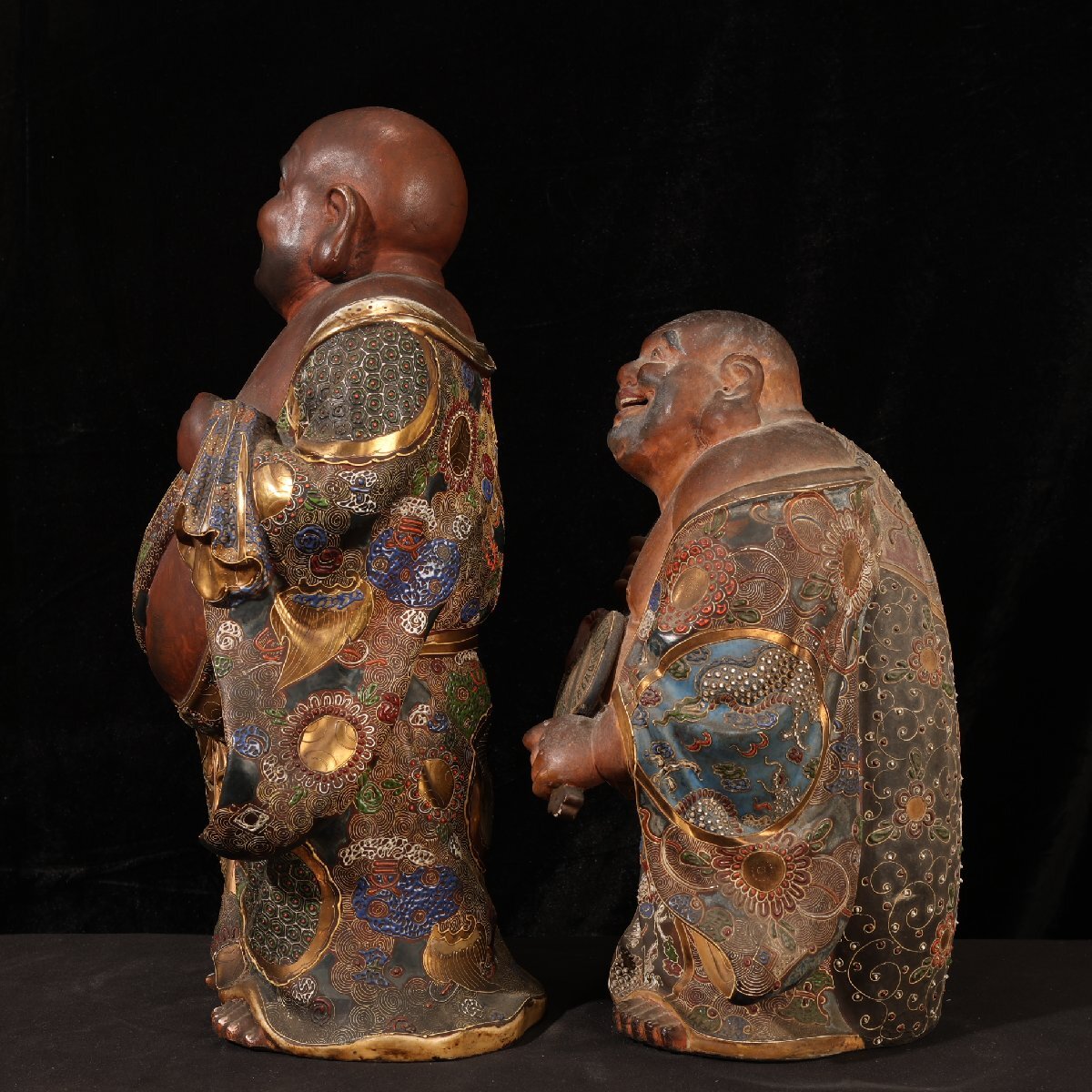 九谷焼 布袋様 置物 骨董 七福神 金彩 珍品堂】1円から S91-V09 九谷焼 布袋様 色絵 金彩 仏像 2台