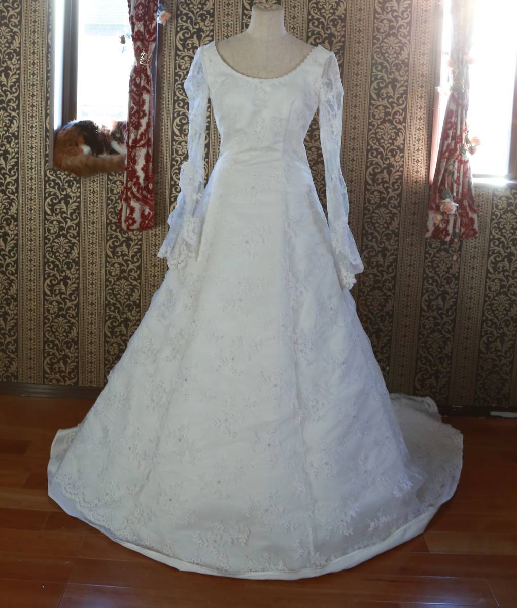 344袖付き露出控えめ長袖の清楚なデザインMICHAEL MERNERマイケルマーナー高級ウエディングドレス9号Mサイズ_画像1