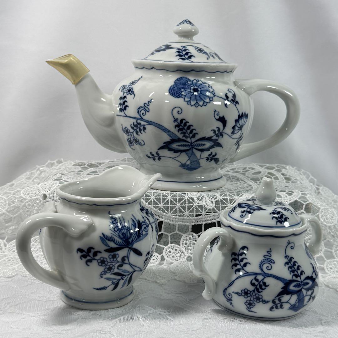 Blue Danube ブルーダニューブ ティーセット ブルーオニオン ティーポット シュガー&ミルクポット ティーカップソーサー 3客_画像2