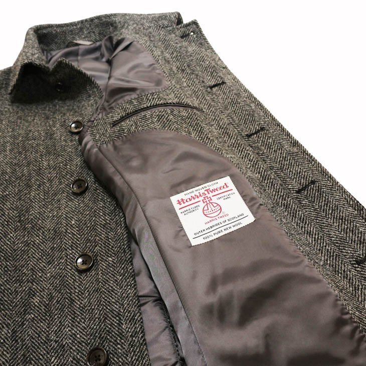 SALE 新品 秋冬 英国 ハリスツイード Harris Tweed 灰グレー杢 ヘリンボーン 杉綾織 ステンカラーコート (LL)_画像8