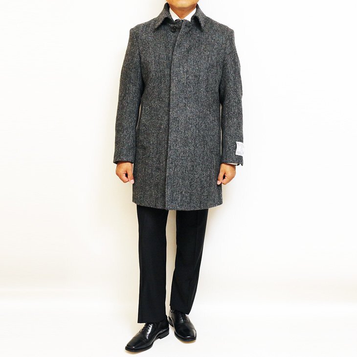 SALE 新品 秋冬 英国 ハリスツイード Harris Tweed 灰グレー杢 ヘリンボーン 杉綾織 ステンカラーコート (LL)_画像2
