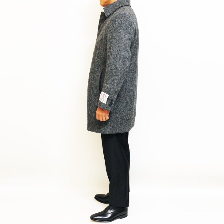 SALE 新品 秋冬 英国 ハリスツイード Harris Tweed 灰グレー杢 ヘリンボーン 杉綾織 ステンカラーコート (LL)_画像3