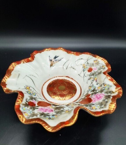 Vintage Kutani Japanese Porcelain 3 Footed Trinket Candy Dish Bird Swallow 8 海外 即決